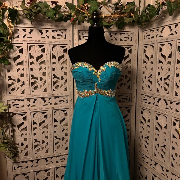 BLUSH PROM JAZZY JEWELS TURQUOISE GREEN STRAPLESS MAXI FORMAL PROM DRESS GOWN - Picture 2 of 11